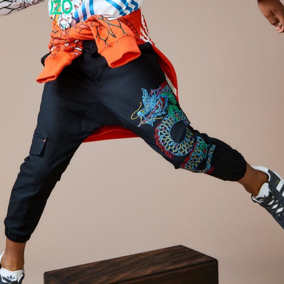 KENZO Japanese Dragon Embroidered Cargo Pants, Size 6 Boys - Picture 1 of 11